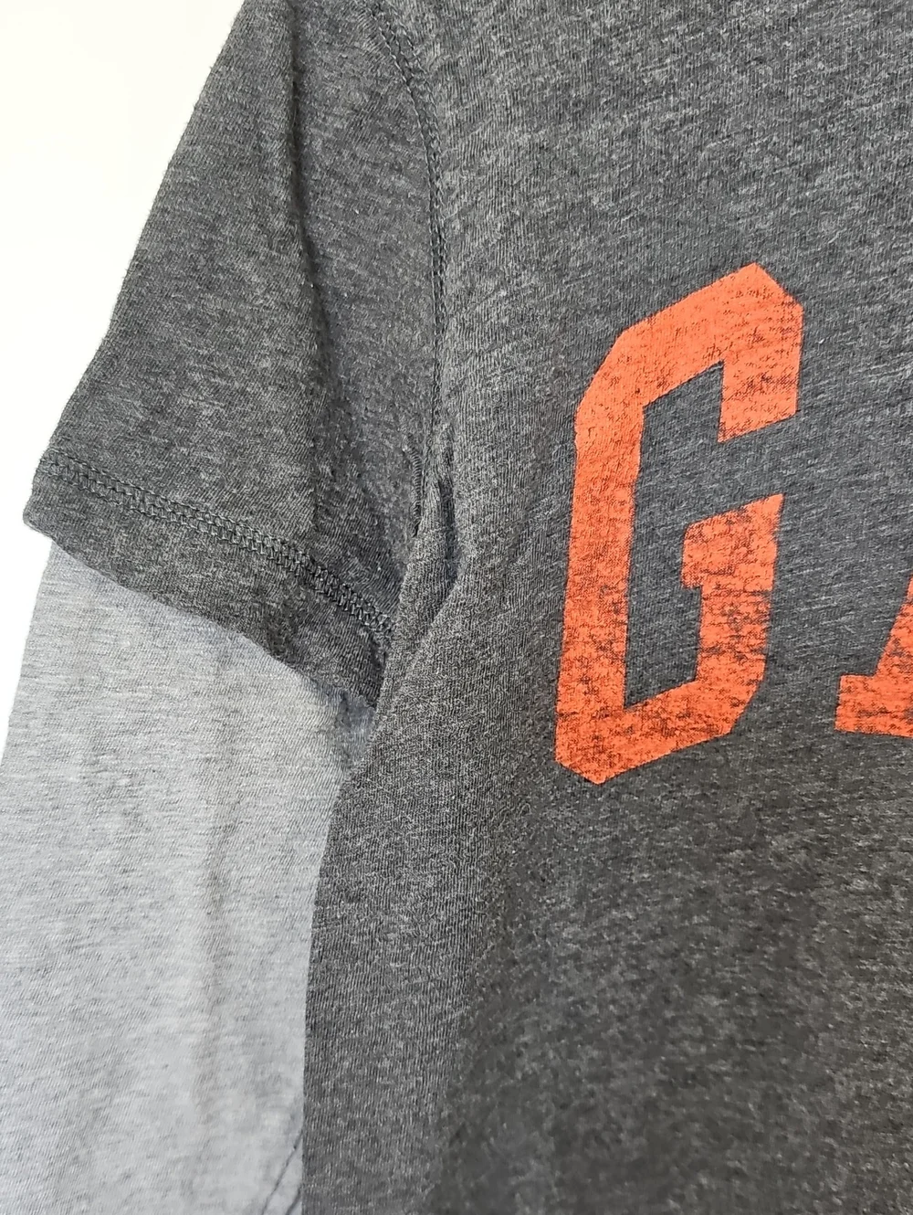 GAP Charcoal Grey Hoodie Tee w/ Orange Logo & Layered Light Gray Sleeves Sz S 6